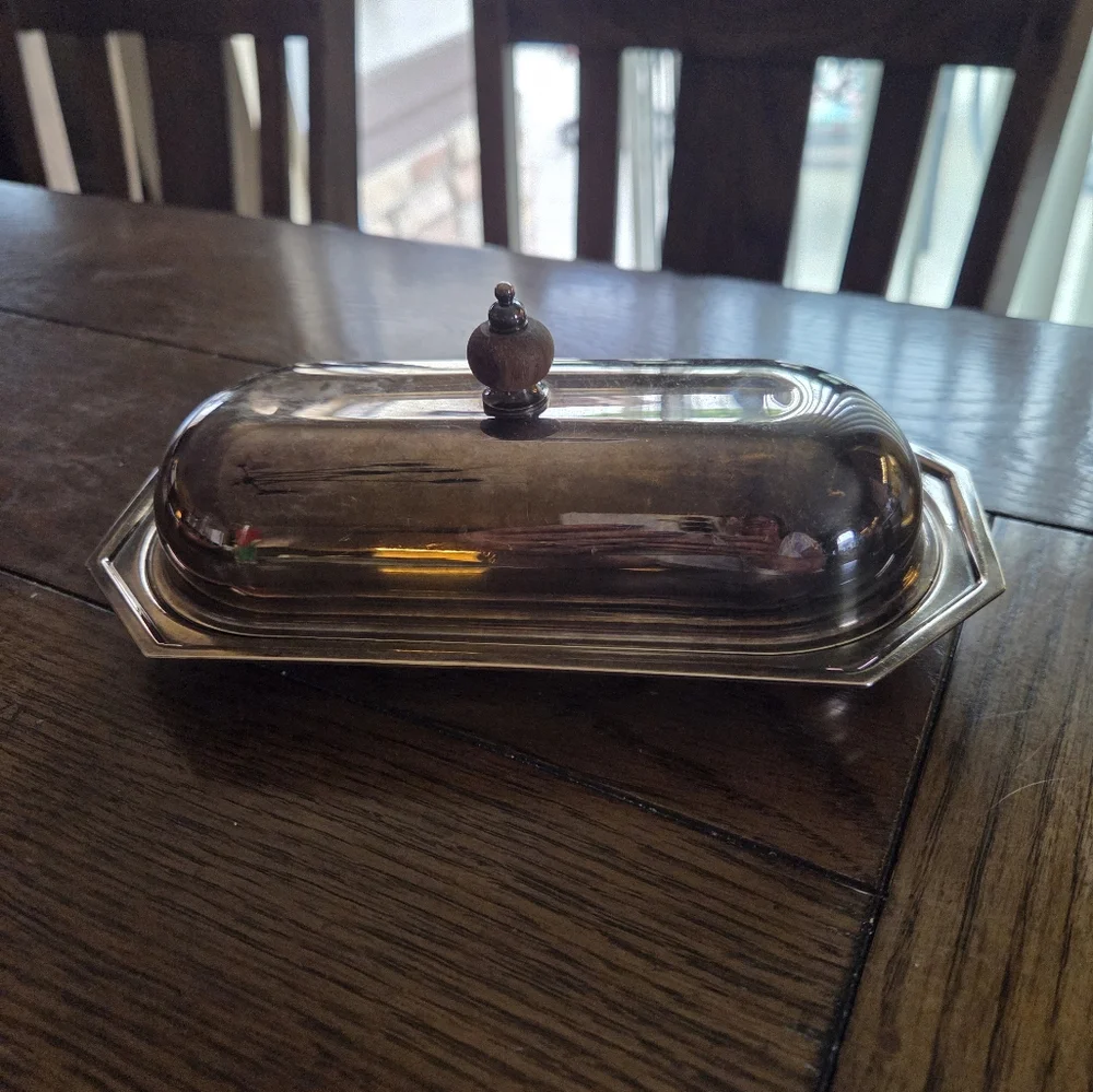 Vintage Silver-Plated Butter Dish With Wooden Finial Handle